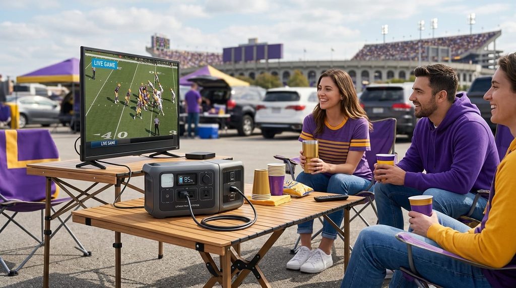 Power your Smart TV with a power station at your tailgate party.