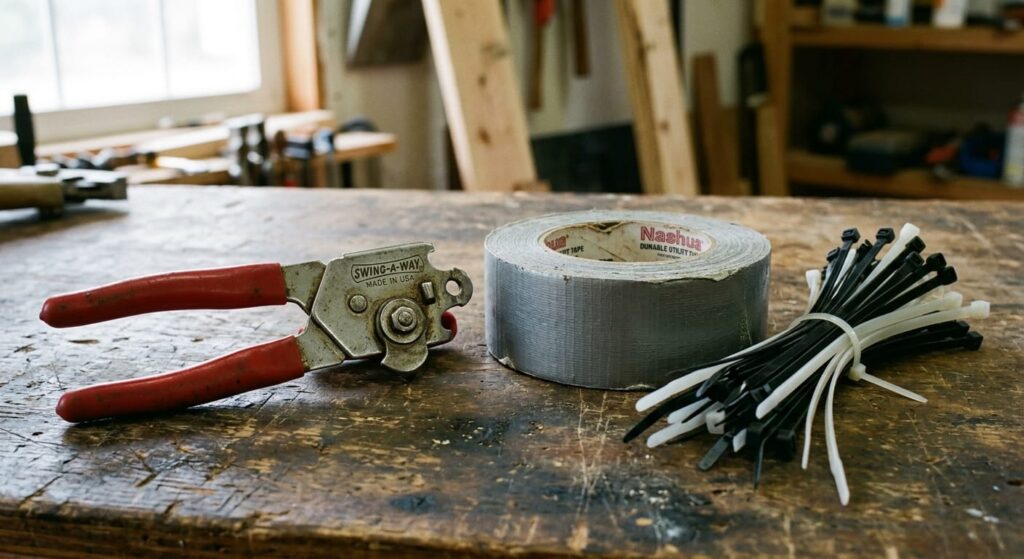The Swing-A-Way Portable Can Opener, duct tape, and zip ties are a must for your budget emergency prep kit.