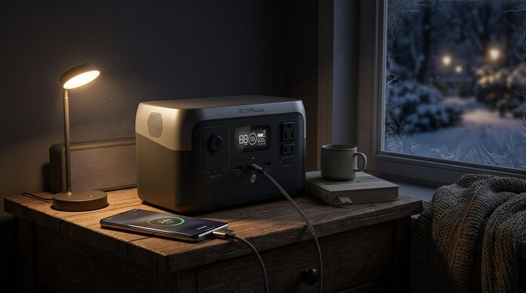 An EcoFlow RIVER 2 charging a cellphone during a Winter blackout.