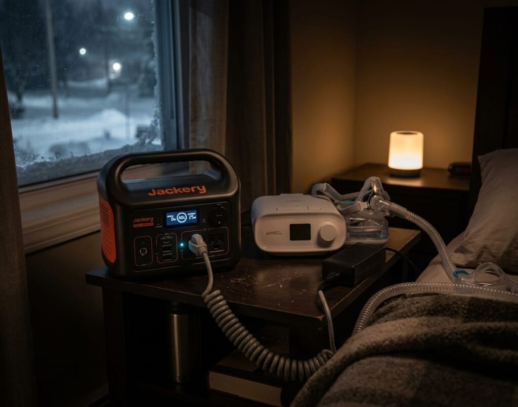 Jackery 300 Plus powering a CPAP machine in a Winter blackout.